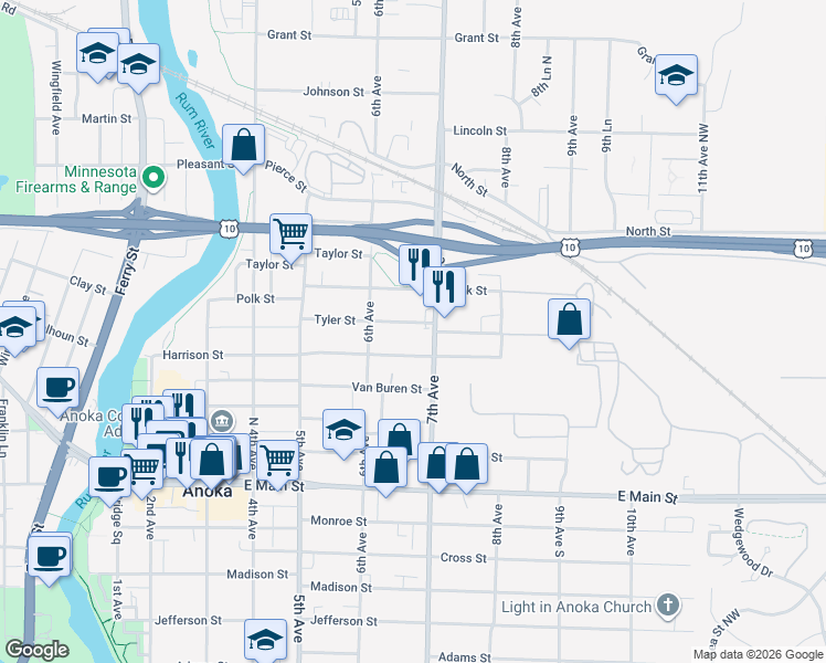 map of restaurants, bars, coffee shops, grocery stores, and more near 637 Tyler Street in Anoka