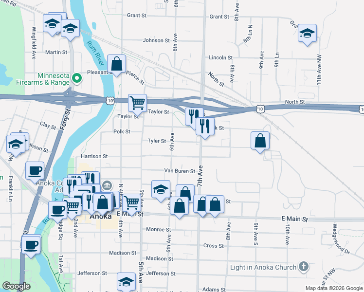 map of restaurants, bars, coffee shops, grocery stores, and more near 637 Tyler Street in Anoka