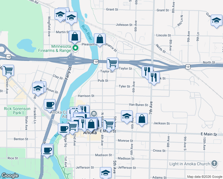 map of restaurants, bars, coffee shops, grocery stores, and more near 2325 5th Avenue in Anoka