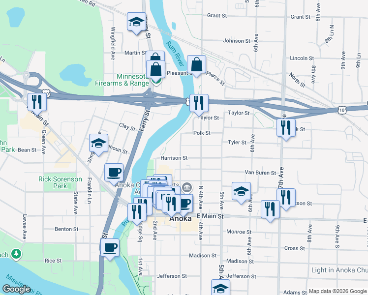 map of restaurants, bars, coffee shops, grocery stores, and more near 2326 3rd Avenue in Anoka