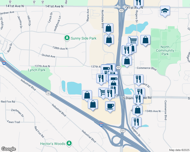 map of restaurants, bars, coffee shops, grocery stores, and more near 21675-21923 137th Avenue North in Rogers