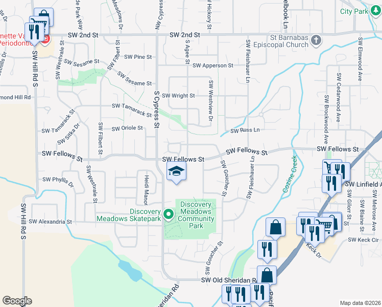 map of restaurants, bars, coffee shops, grocery stores, and more near 864 Southwest Goucher Street in McMinnville
