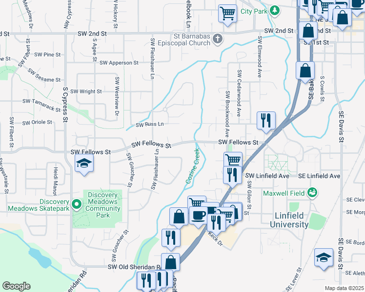 map of restaurants, bars, coffee shops, grocery stores, and more near 1080 Southwest Fellows Street in McMinnville