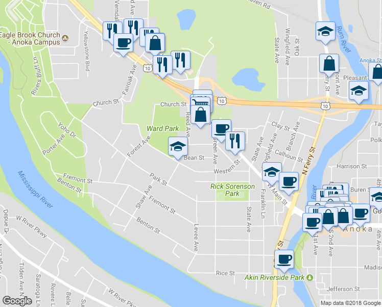 map of restaurants, bars, coffee shops, grocery stores, and more near 549 Bean Street in Anoka