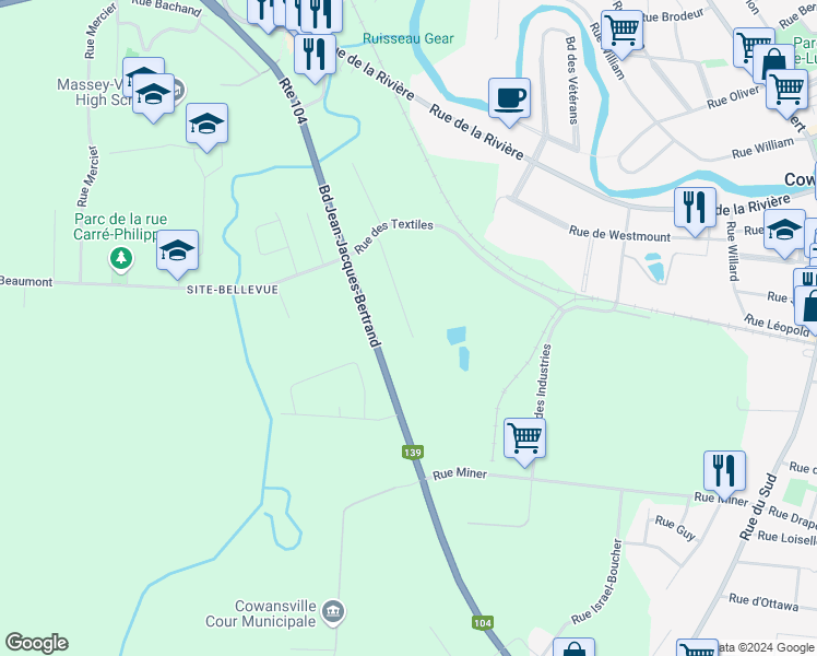 map of restaurants, bars, coffee shops, grocery stores, and more near 135 Rue Dean in Cowansville