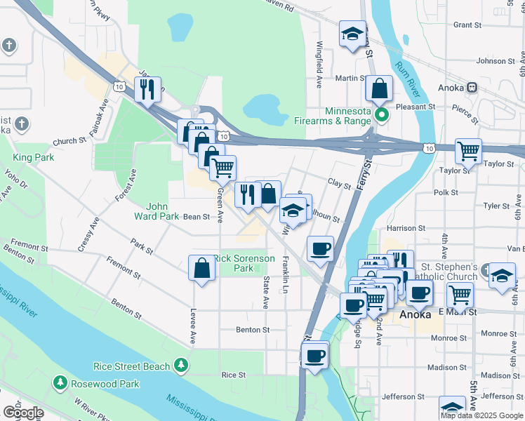 map of restaurants, bars, coffee shops, grocery stores, and more near 417 West Main Street in Anoka