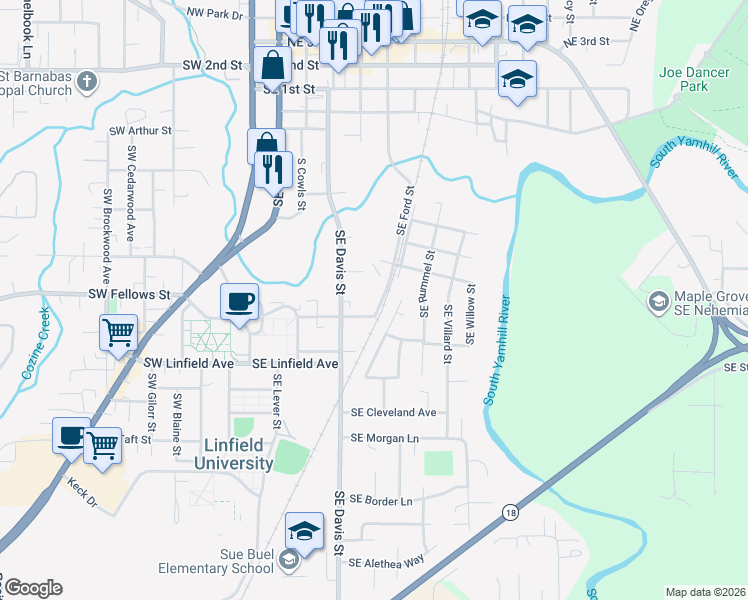 map of restaurants, bars, coffee shops, grocery stores, and more near 1033 Southeast Ford Street in McMinnville