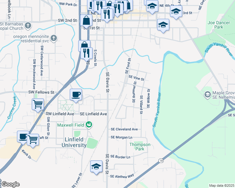 map of restaurants, bars, coffee shops, grocery stores, and more near 1033 Southeast Ford Street in McMinnville