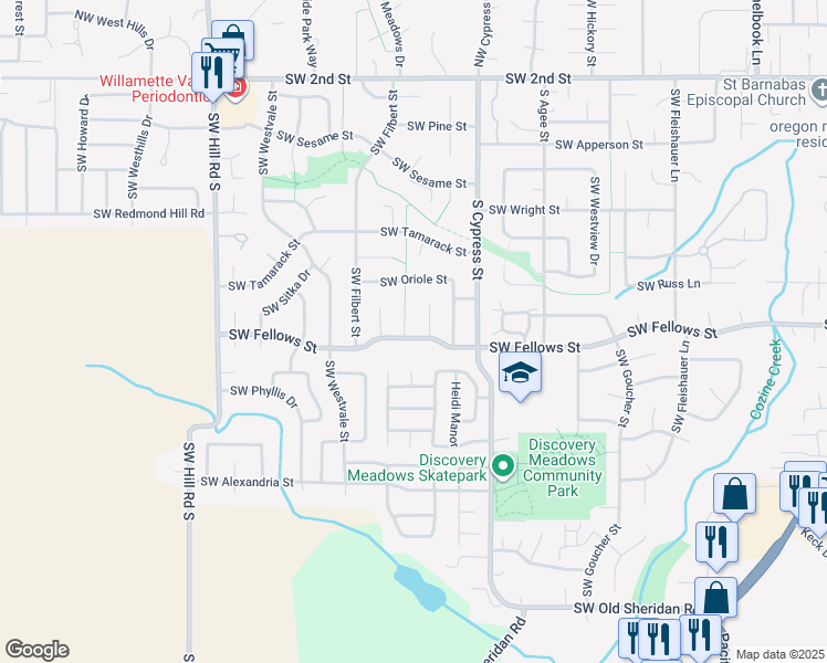map of restaurants, bars, coffee shops, grocery stores, and more near 972 Southwest Dove Court in McMinnville
