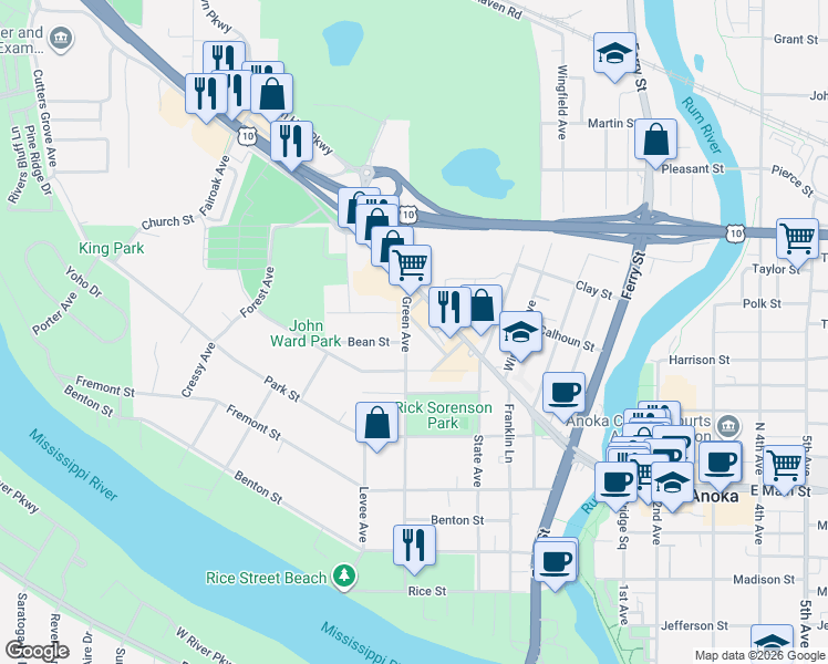 map of restaurants, bars, coffee shops, grocery stores, and more near 2206 Green Avenue in Anoka