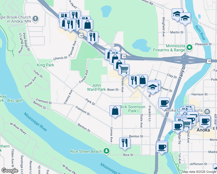 map of restaurants, bars, coffee shops, grocery stores, and more near 530 Cutter Street in Anoka