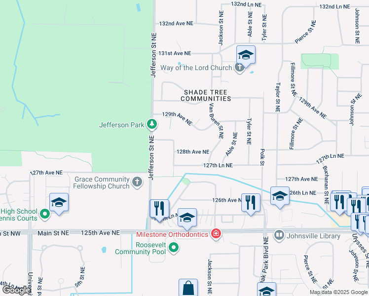 map of restaurants, bars, coffee shops, grocery stores, and more near 657 128th Avenue Northeast in Blaine