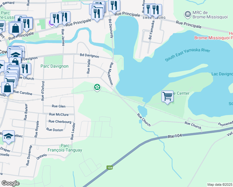 map of restaurants, bars, coffee shops, grocery stores, and more near Rue Church in Cowansville