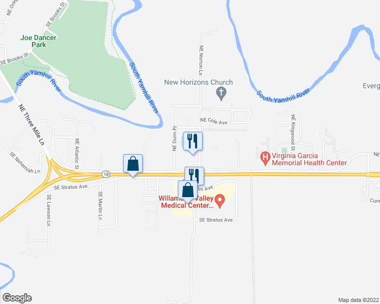 map of restaurants, bars, coffee shops, grocery stores, and more near 2538 Northeast Norton Court in McMinnville