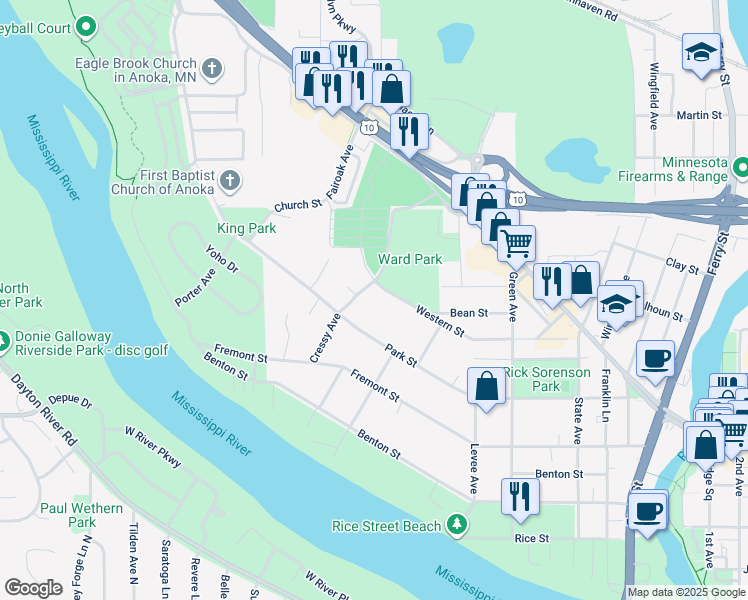 map of restaurants, bars, coffee shops, grocery stores, and more near 910 Western Street in Anoka