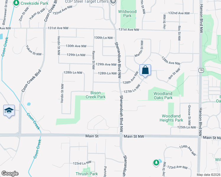 map of restaurants, bars, coffee shops, grocery stores, and more near 2095 127th Lane Northwest in Minneapolis