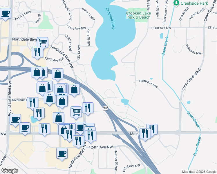 map of restaurants, bars, coffee shops, grocery stores, and more near 3039 127th Lane Northwest in Minneapolis