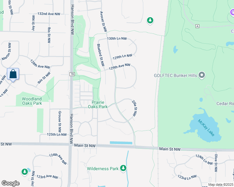 map of restaurants, bars, coffee shops, grocery stores, and more near 12755 Avocet Street Northwest in Minneapolis