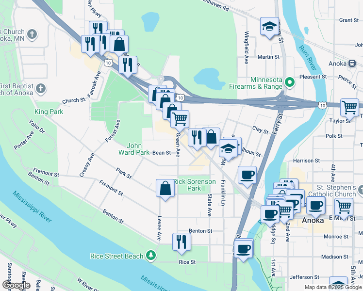 map of restaurants, bars, coffee shops, grocery stores, and more near 2206 Green Avenue in Anoka