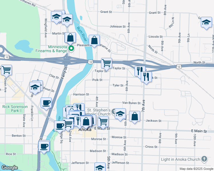 map of restaurants, bars, coffee shops, grocery stores, and more near 2325 5th Avenue in Anoka