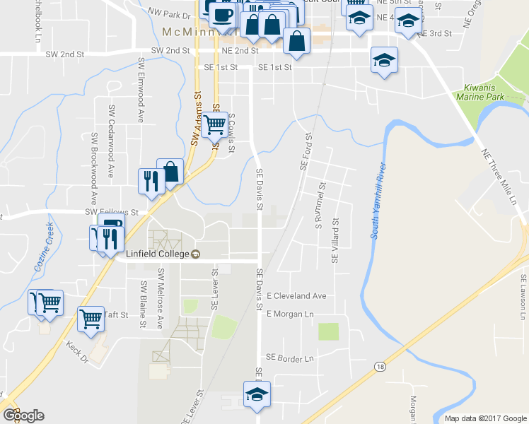map of restaurants, bars, coffee shops, grocery stores, and more near 936 Southeast Davis Street in McMinnville