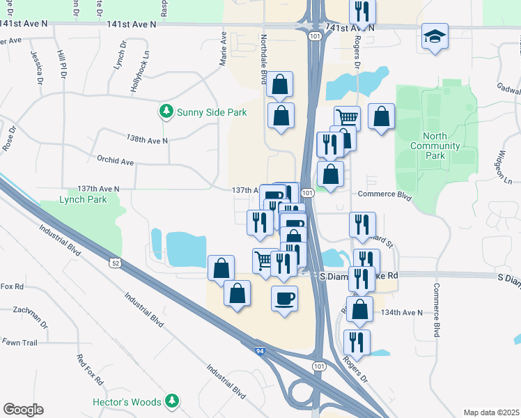 map of restaurants, bars, coffee shops, grocery stores, and more near 21675-21923 137th Avenue North in Rogers