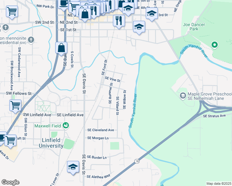 map of restaurants, bars, coffee shops, grocery stores, and more near 933 Southeast Villard Street in McMinnville