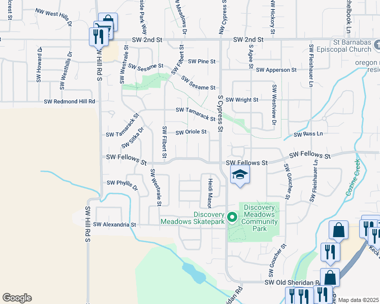 map of restaurants, bars, coffee shops, grocery stores, and more near 972 Southwest Dove Court in McMinnville