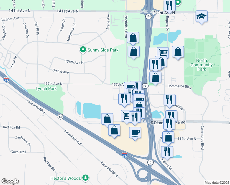 map of restaurants, bars, coffee shops, grocery stores, and more near 21925-21979 137th Ave N in Rogers