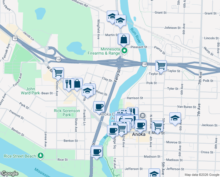 map of restaurants, bars, coffee shops, grocery stores, and more near 2221 North Ferry Street in Anoka