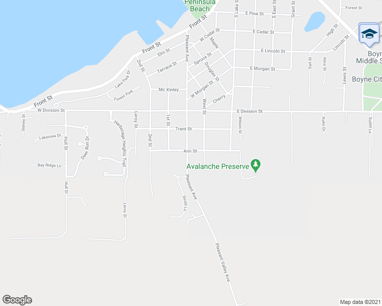 map of restaurants, bars, coffee shops, grocery stores, and more near 1101 Pleasant Street in Boyne City