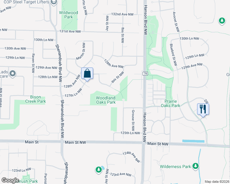 map of restaurants, bars, coffee shops, grocery stores, and more near 12700 Killdeer Street Northwest in Minneapolis