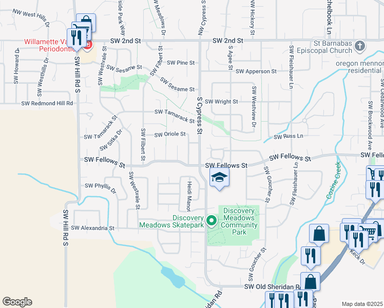 map of restaurants, bars, coffee shops, grocery stores, and more near 970 Southwest Oriole Street in McMinnville