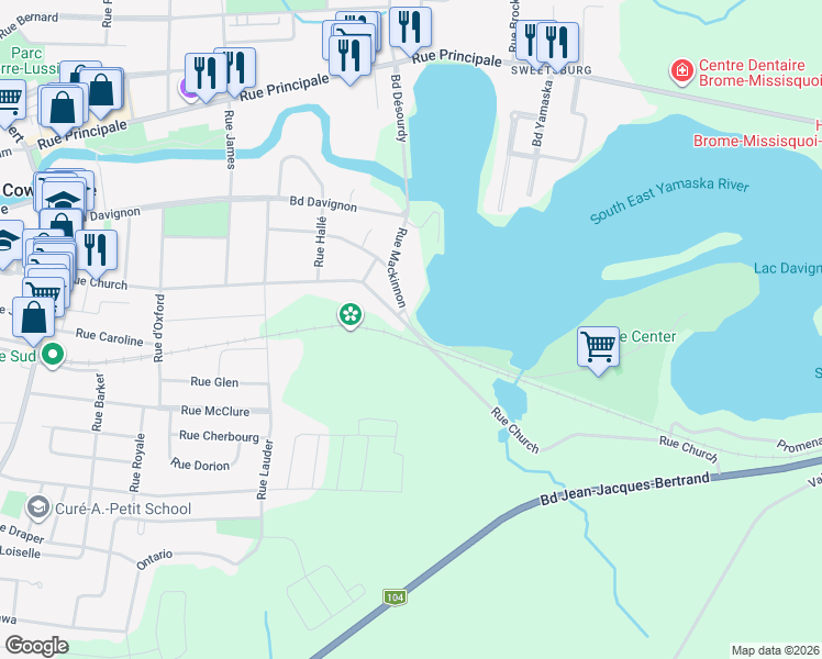 map of restaurants, bars, coffee shops, grocery stores, and more near Rue Church in Cowansville