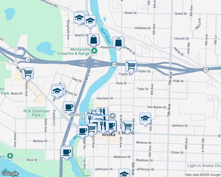 map of restaurants, bars, coffee shops, grocery stores, and more near 2326 North 3rd Avenue in Anoka