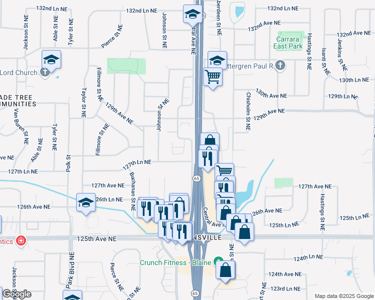 map of restaurants, bars, coffee shops, grocery stores, and more near 12789 Ulysses Circle Northeast in Blaine