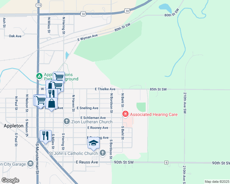 map of restaurants, bars, coffee shops, grocery stores, and more near 400 East Thielke Avenue in Appleton