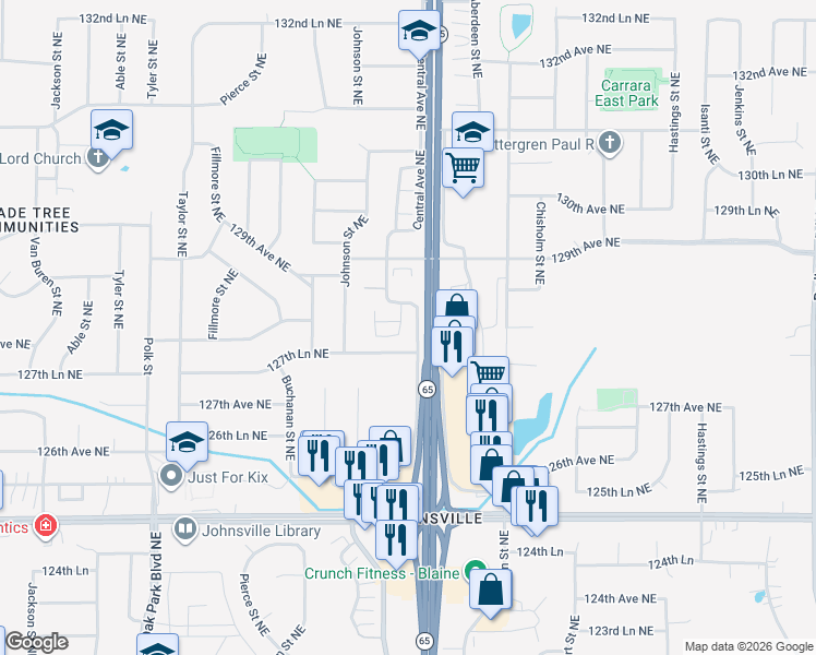map of restaurants, bars, coffee shops, grocery stores, and more near 12789 Ulysses Circle Northeast in Blaine
