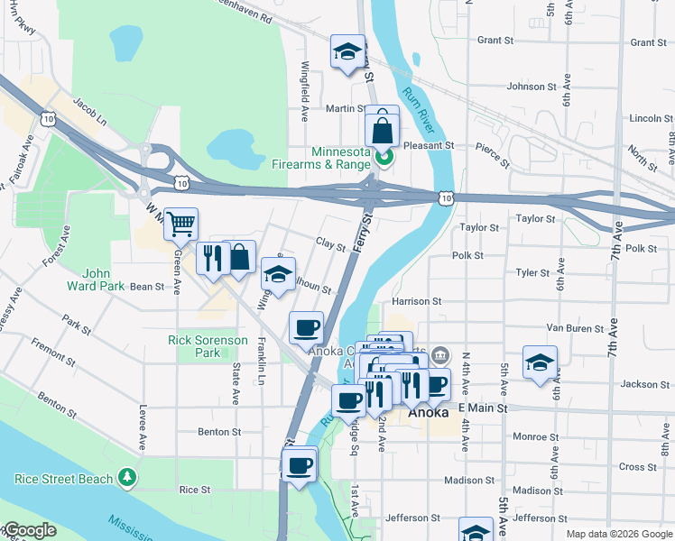 map of restaurants, bars, coffee shops, grocery stores, and more near 2221 North Ferry Street in Anoka