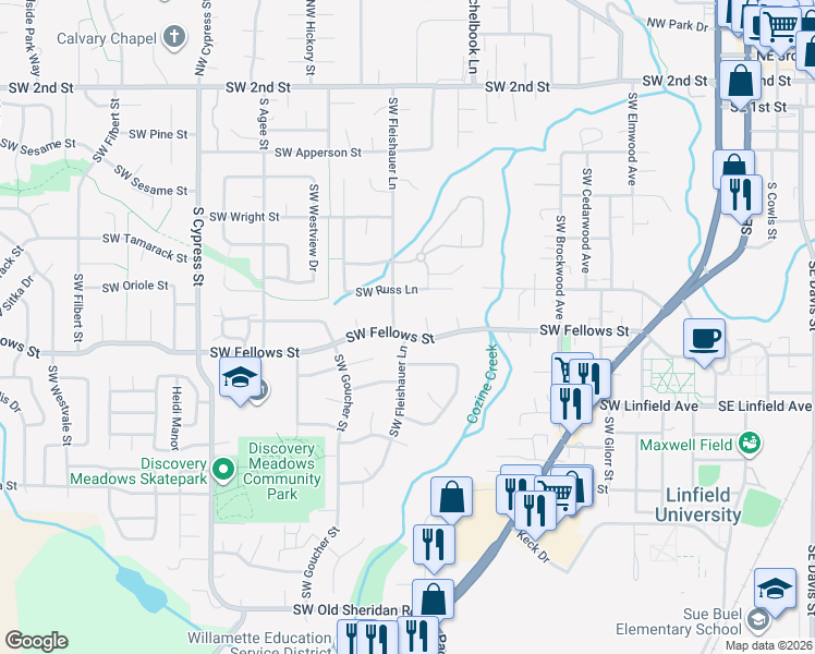map of restaurants, bars, coffee shops, grocery stores, and more near 1275 Southwest Fellows Street in McMinnville