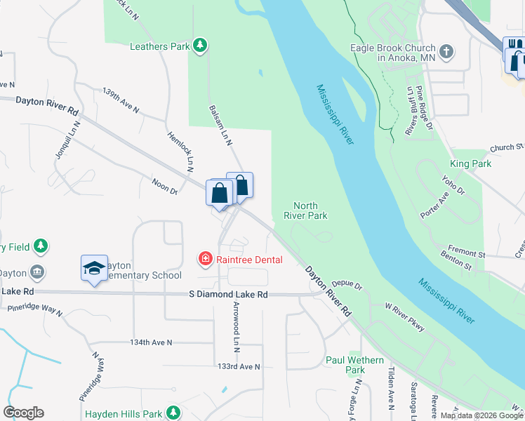 map of restaurants, bars, coffee shops, grocery stores, and more near 11280 Dayton River Road in Dayton