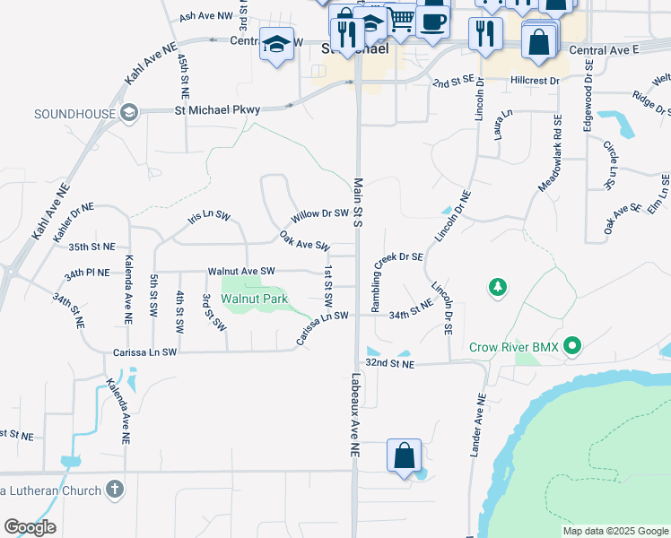 map of restaurants, bars, coffee shops, grocery stores, and more near 504 1st Street Southwest in Saint Michael