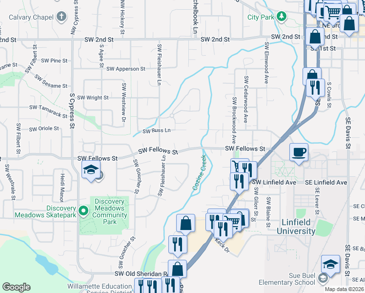 map of restaurants, bars, coffee shops, grocery stores, and more near 1135 Southwest Fellows Street in McMinnville