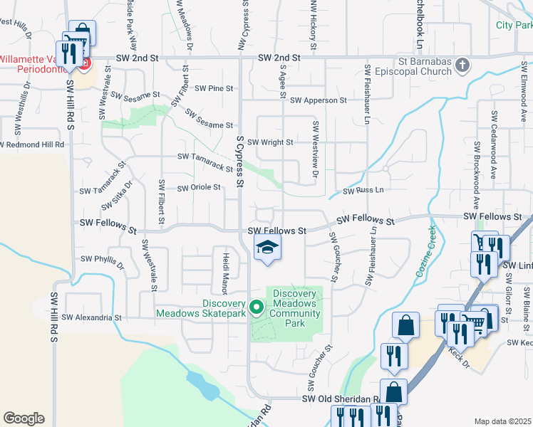 map of restaurants, bars, coffee shops, grocery stores, and more near 1617 Southwest Fellows Street in McMinnville