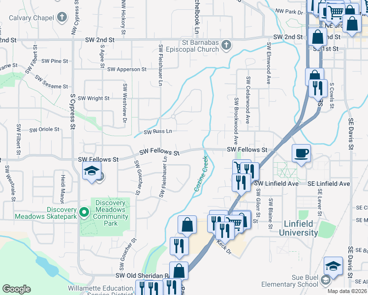 map of restaurants, bars, coffee shops, grocery stores, and more near 1135 Southwest Fellows Street in McMinnville