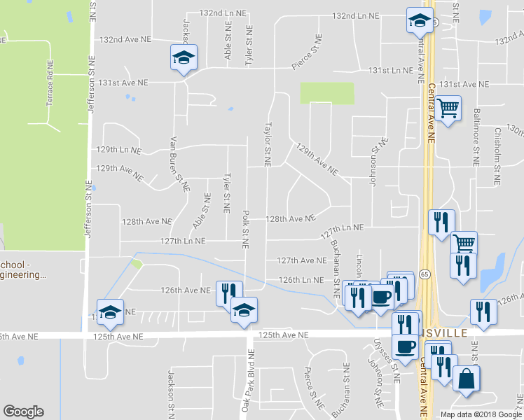 map of restaurants, bars, coffee shops, grocery stores, and more near 12808 Taylor Street Northeast in Blaine
