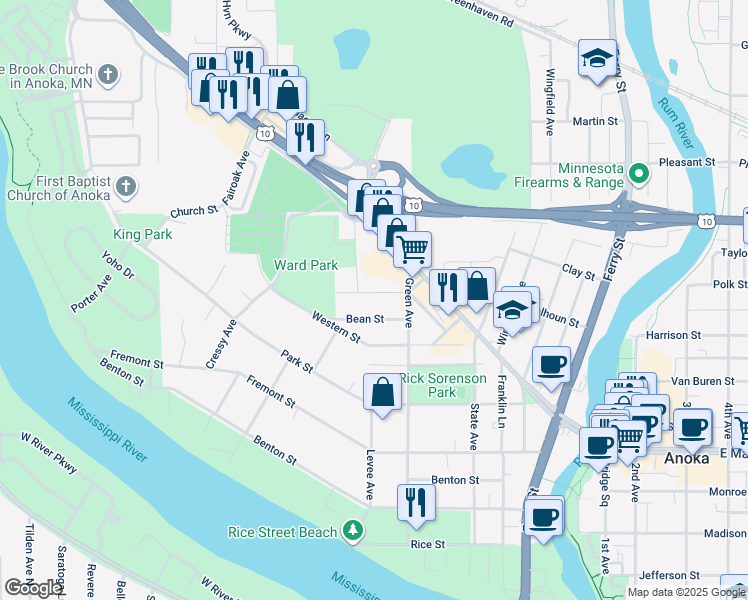 map of restaurants, bars, coffee shops, grocery stores, and more near 530 Cutter Street in Anoka
