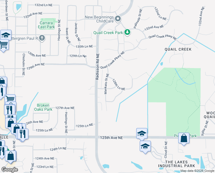 map of restaurants, bars, coffee shops, grocery stores, and more near 2081 127th Lane Northeast in Blaine
