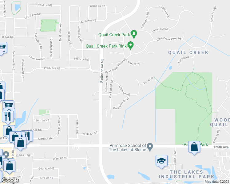 map of restaurants, bars, coffee shops, grocery stores, and more near 2081 127th Lane Northeast in Blaine