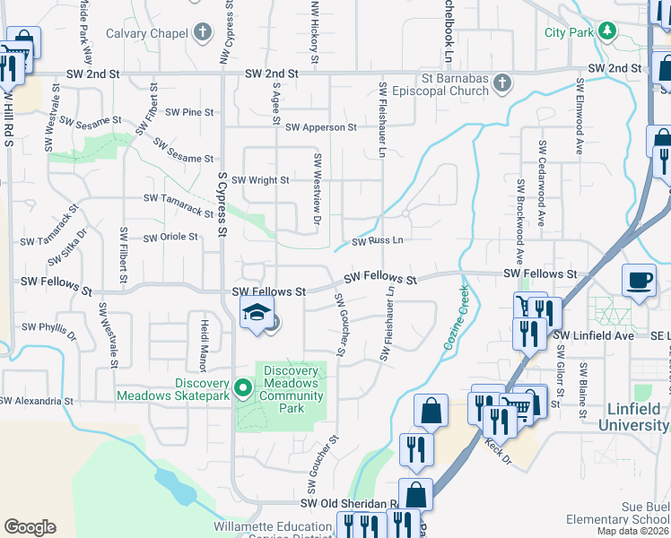 map of restaurants, bars, coffee shops, grocery stores, and more near 979 Southwest Goucher Street in McMinnville
